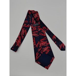 Renaissance Navy Blue Red Lobster Print Handmade Silk Blend Nautical Mens Tie